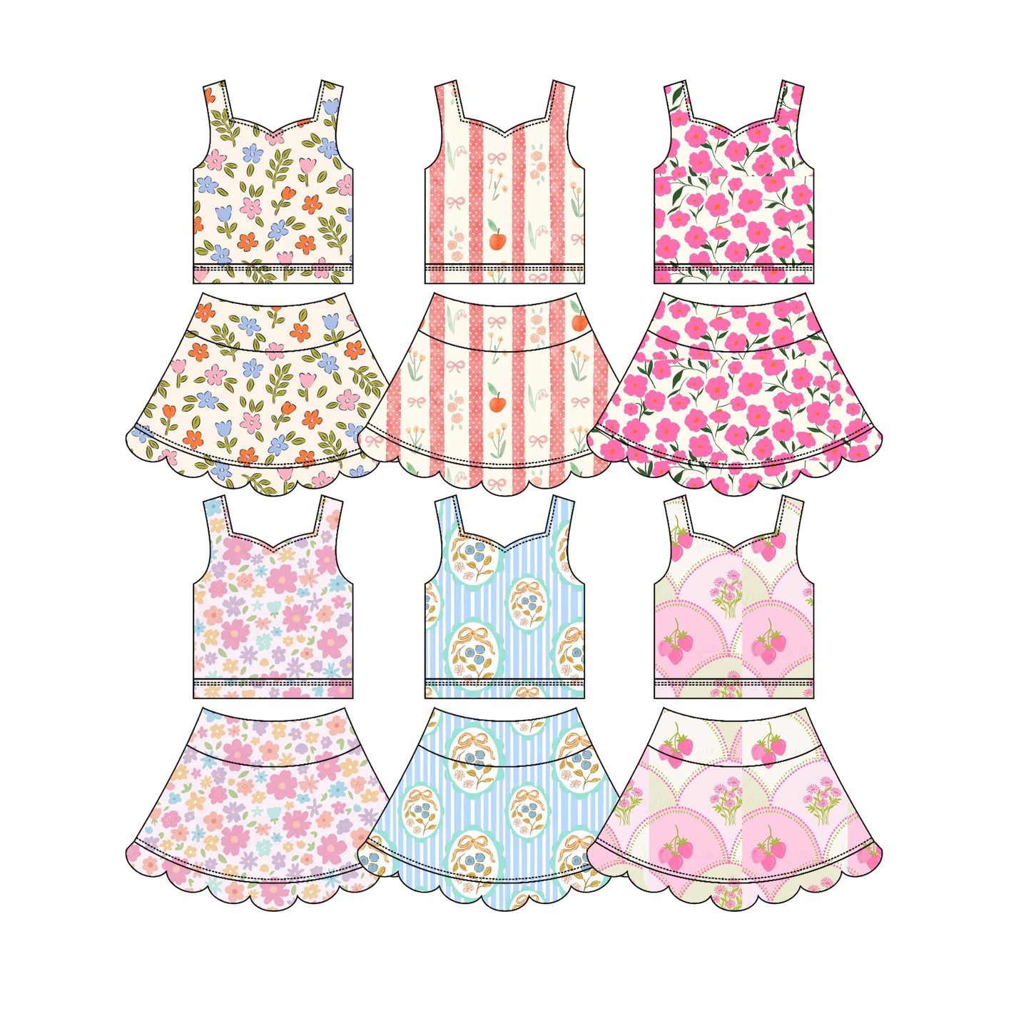 3.14 Custom moq 5 mix size Sibling Baby Girls Colorful Floral Top Scallop Skirt Short Yoga Active Clothes Set