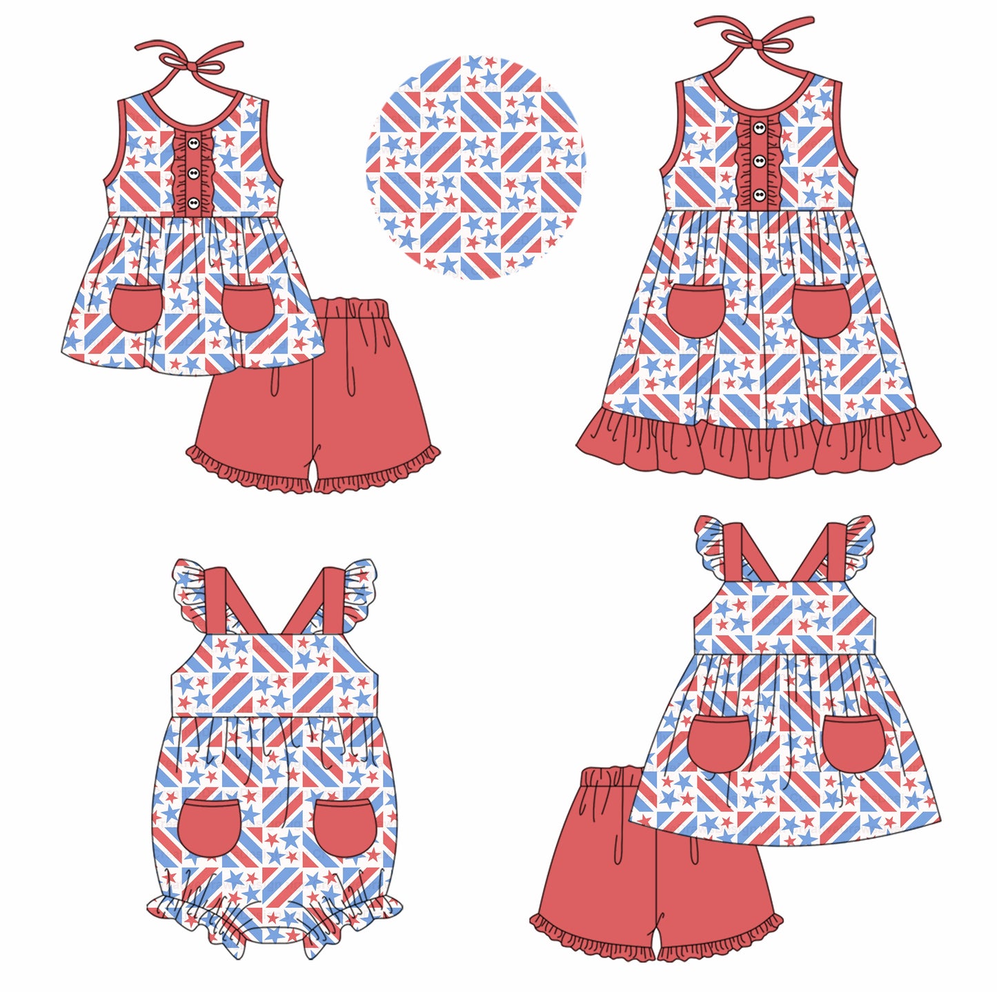 11.22 custom each style moq 5eta 4-6week Sibling Sister 4th of july baby girl short sleeve shorts sets and sets 2 and girls romper and dress match design