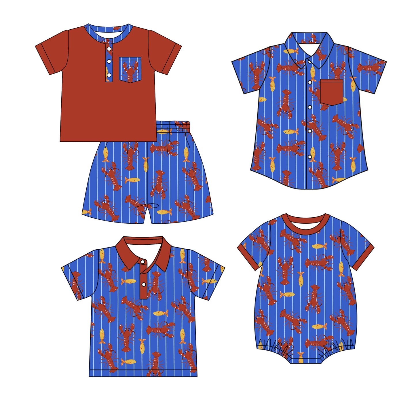 25.12.24 custom each style moq 5 eta 6-8 week Sibling Sister lobster baby boy short sleeve shorts sets and boy rompers and top 2 match family design