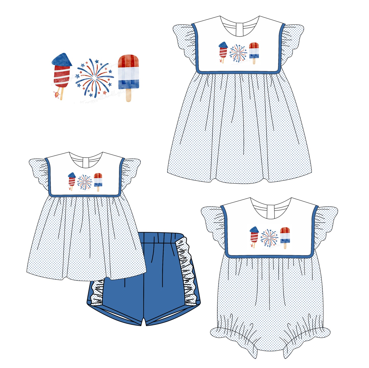 3.6 custom each style moq 5eta 4-6week Sibling Sisters firework baby girl short sleeve shorts sets and dress and rompers match family design