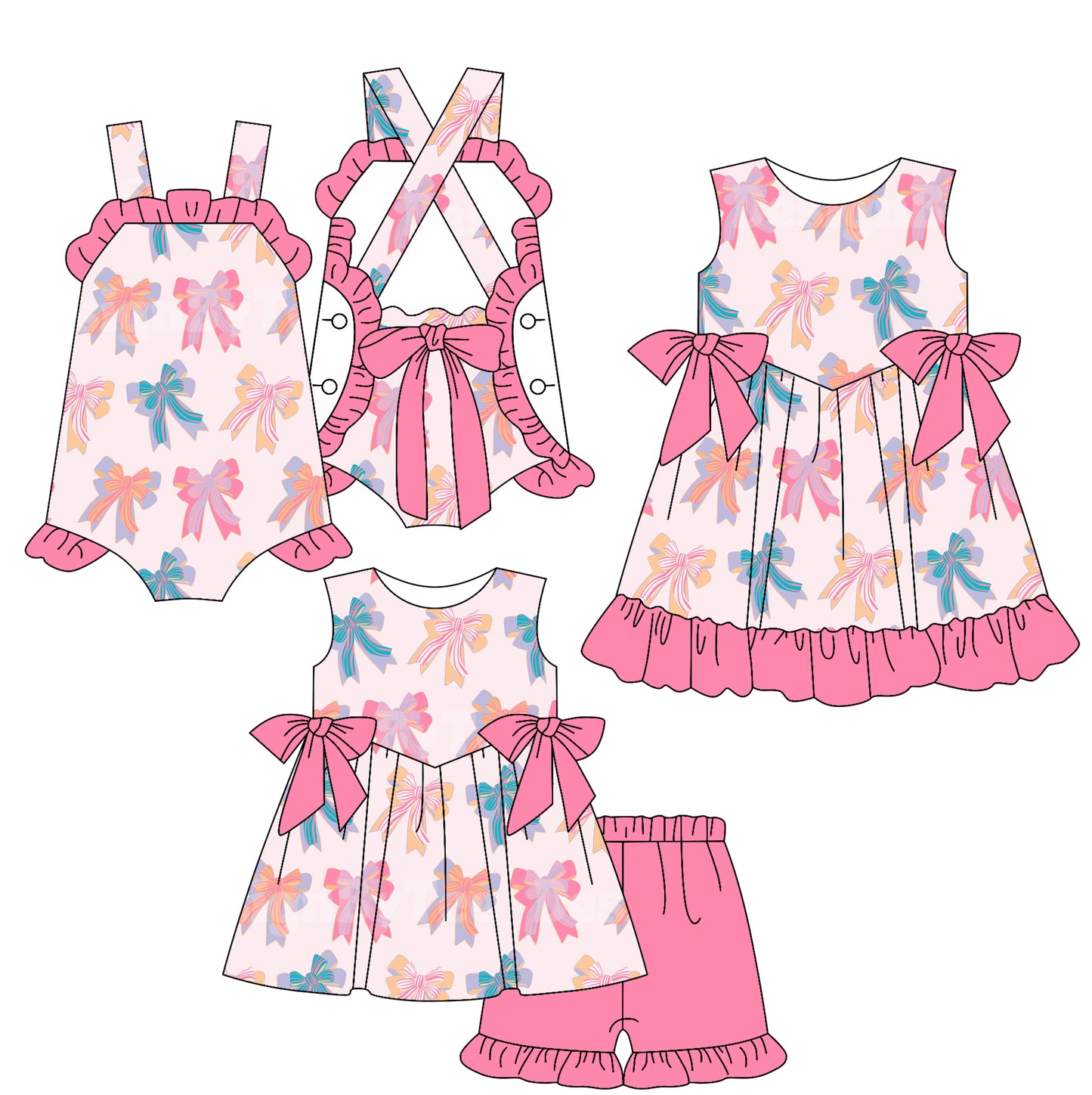 2.15 custom each style moq 5eta 4-6week Sibling Sisters bow baby girl short sleeve shorts sets and dress and rompers match family design