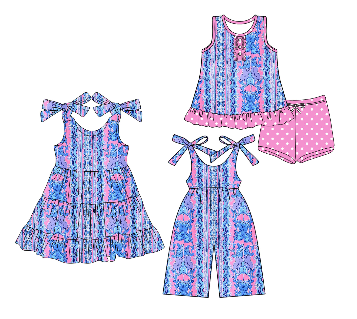 3.15 custom each style moq 5eta 4-6week Sibling Sister floral baby girl short sleeve shorts sets and dresses and jumpsuit match design
