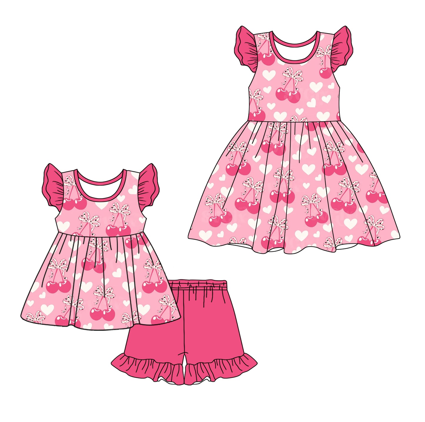 12.14 custom each style moq 5eta 4-6week Sibling Sister cherry love bow baby girl short sleeve shorts sets and dresses match design