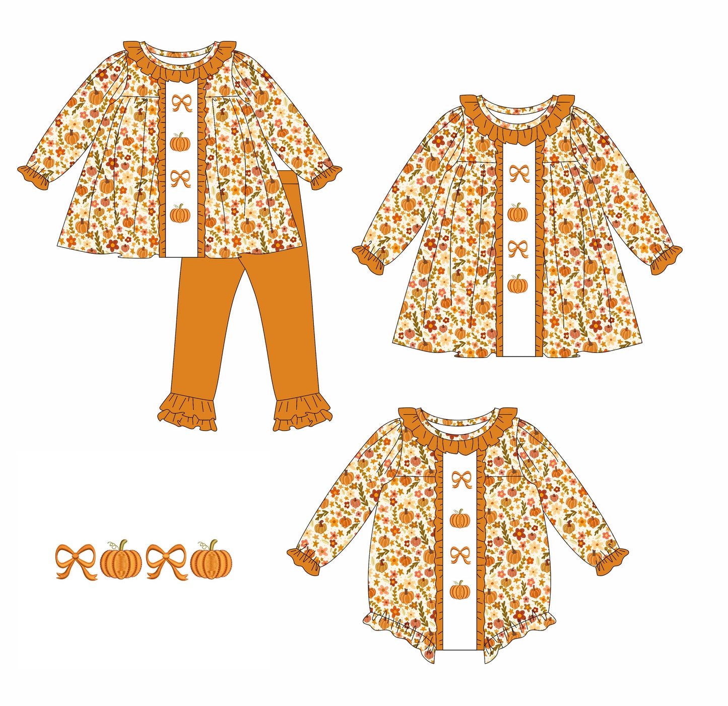 25.5.16 custom each style moq 5eta 4-6week Sibling Sisters pumpkin bow baby girl long sleeve pants sets and dress and rompers match family design