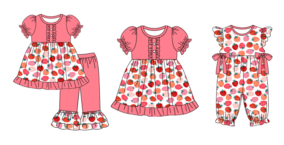 11.9 custom each style moq 5eta 4-6week Sibling Sister strawberry baby girl sets and dress and rompers match family design