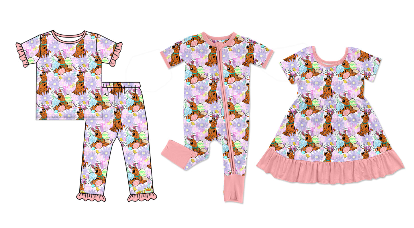 25.10.30 custom each style moq 5 eta 6-8week Sibling Sisters puppy easter baby girl short sleeve pants sets and dress and rompers match family design