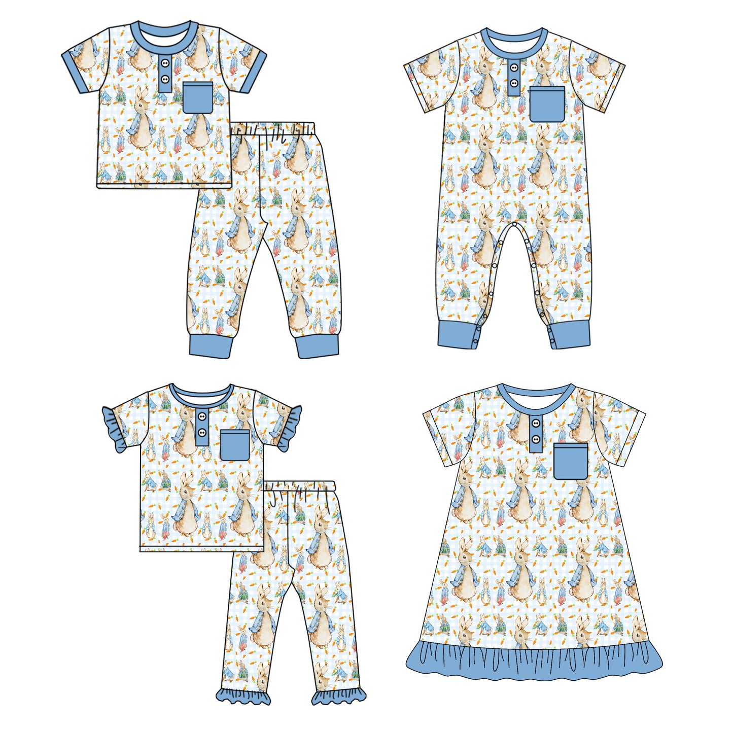 25.9.25 custom each style moq 8 eta 6-8week Sibling Sister easter baby short sleeve pants sets 2 and romper and dress match design