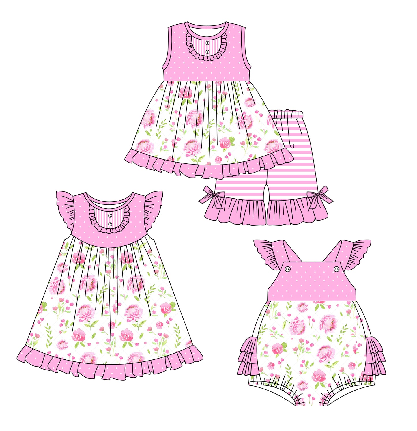2.18 custom each style moq 5eta 4-6week Sibling Sisters floral baby girl short sleeve shorts sets and dress and rompers match family design