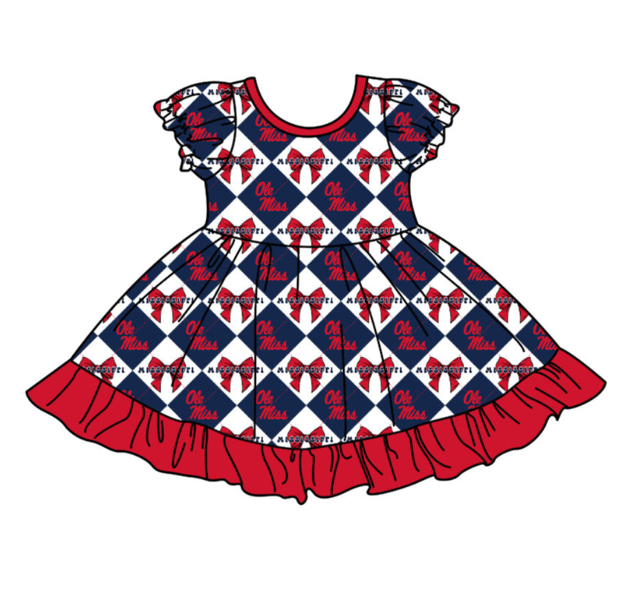 Custom moq 5 mix size Baby Girl's Navy blue Plaid Short-Sleeved Team Dress Cute And Stylish Outfit for Little Ones