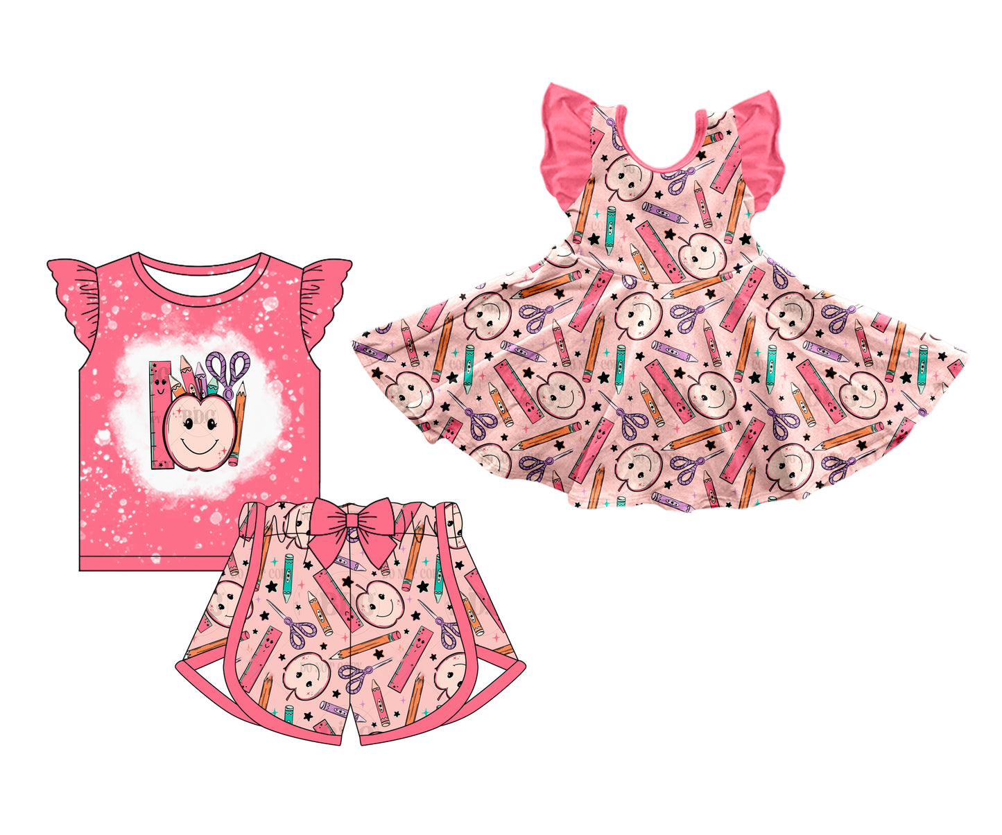 11.30 custom each style moq 5eta 4-6week Sibling Sister school pencil pink baby girl short sleeve shorts sets and dresses match design