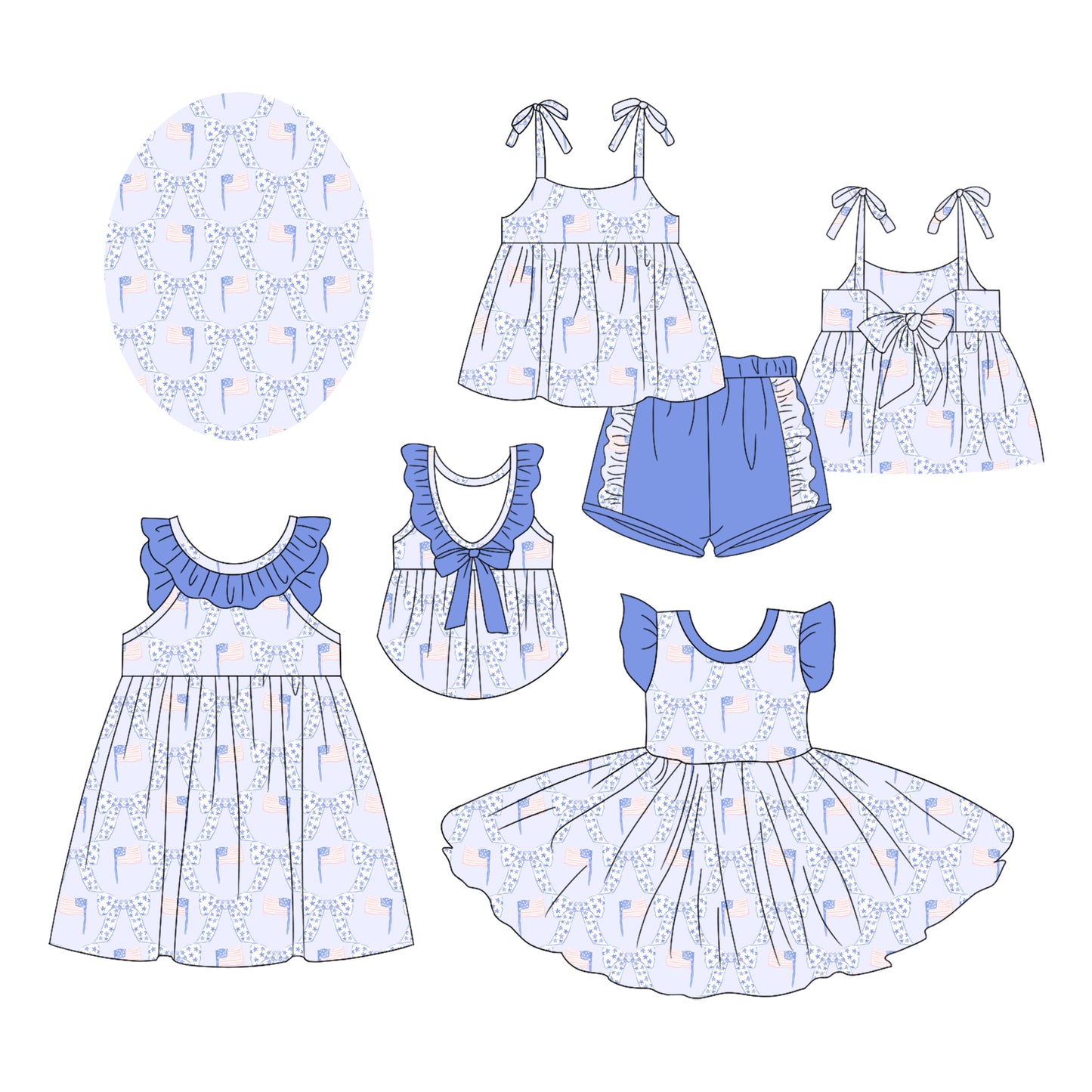 2.17 custom each style moq 5eta 4-6week Sibling Sister bow flag baby girl short sleeve shorts sets and dress and dress 2 match design