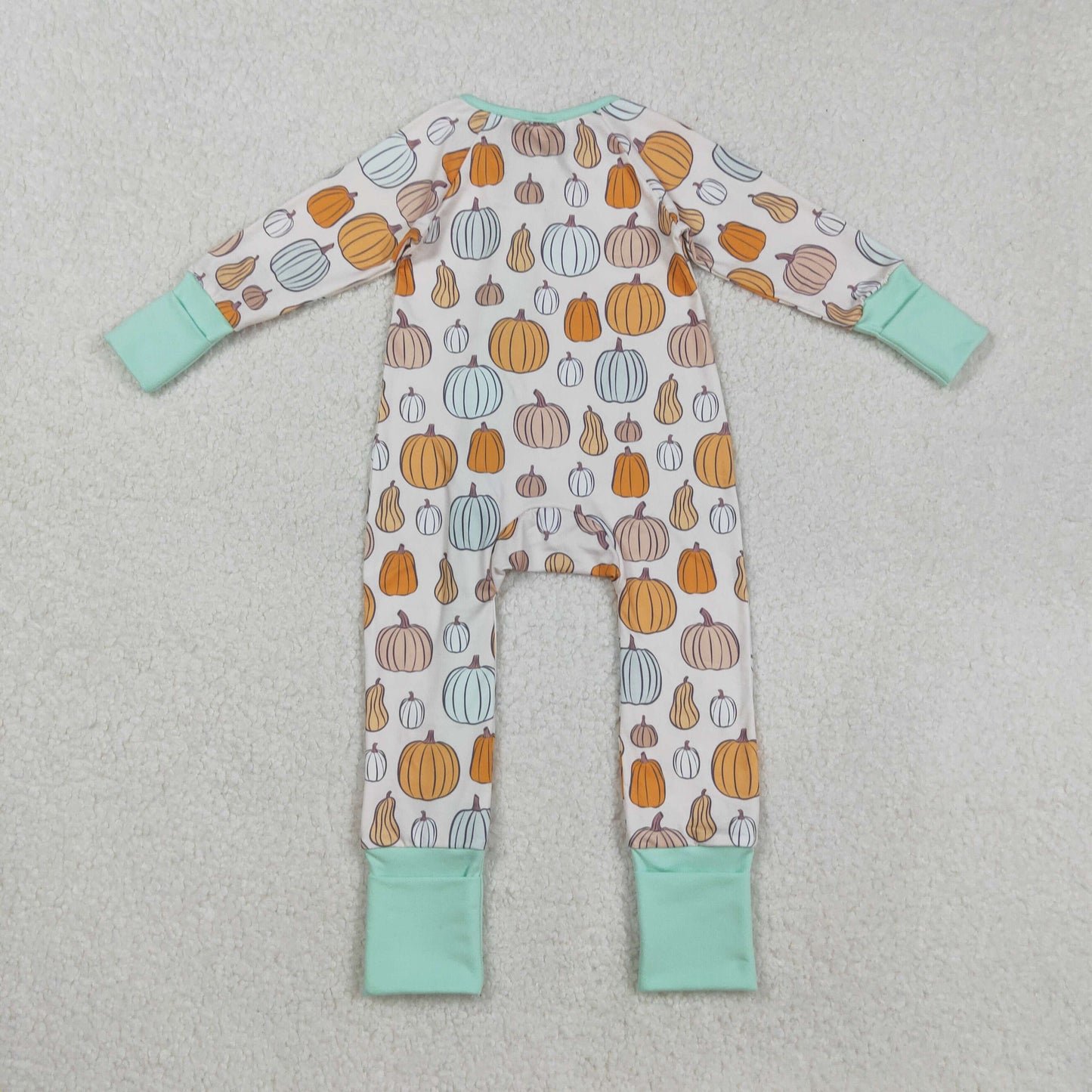 RTS NO MOQ(In Stock) LR2565 Pumpkin pattern beige long-sleeved zippered bodysuit