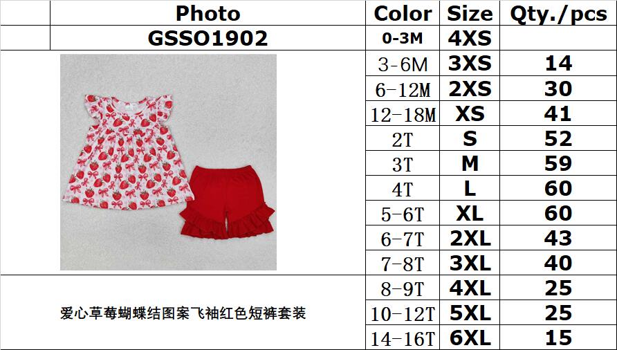 RTS NO MOQ ETA 5/7days Arrived GSSO1902 Red shorts set with heart strawberry bow pattern flying sleeves