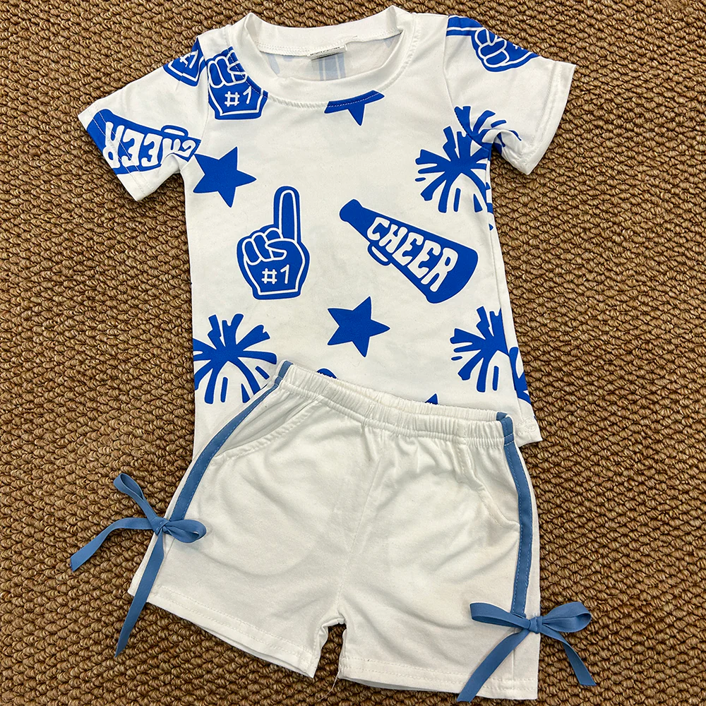 RTS NO MOQ ETA 5/7days Arrived GT0941+SS0424 Cheer blue fireworks star white short-sleeved top bow tie off-white shorts