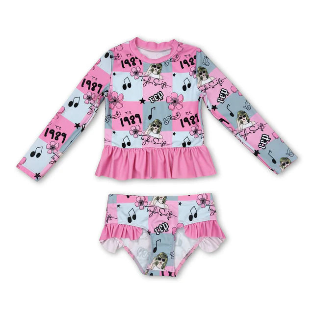 RTS NO MOQ Sibling Baby Girls Summer Long Sleeve Singer Purple Top Bummie Swimsuits