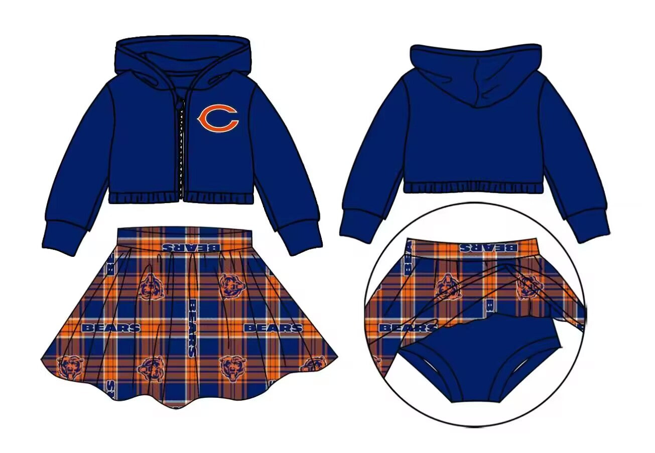 custom moq 3 eta 6-7weeks team summer baby girls clothes dark blue hooded with skirts sets