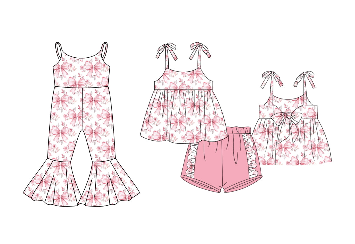 1.24 custom each style moq 5eta 4-6week Sibling Sister bow baby girls short sleeve shorts sets and jumpsuit match design
