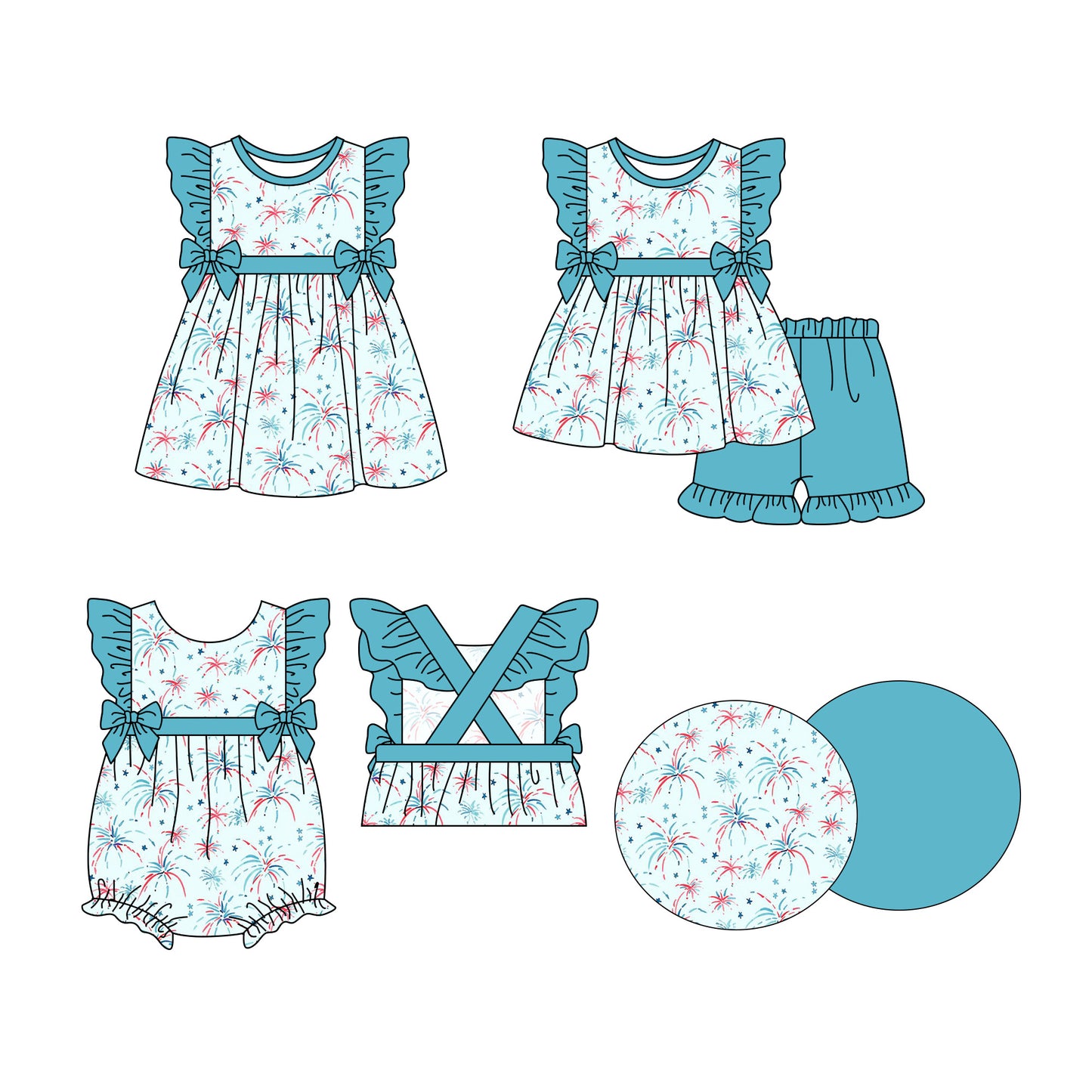 3.27 custom each style moq 5eta 4-6week Sibling Sisters firework baby girl short sleeve shorts sets and dress and rompers match family design