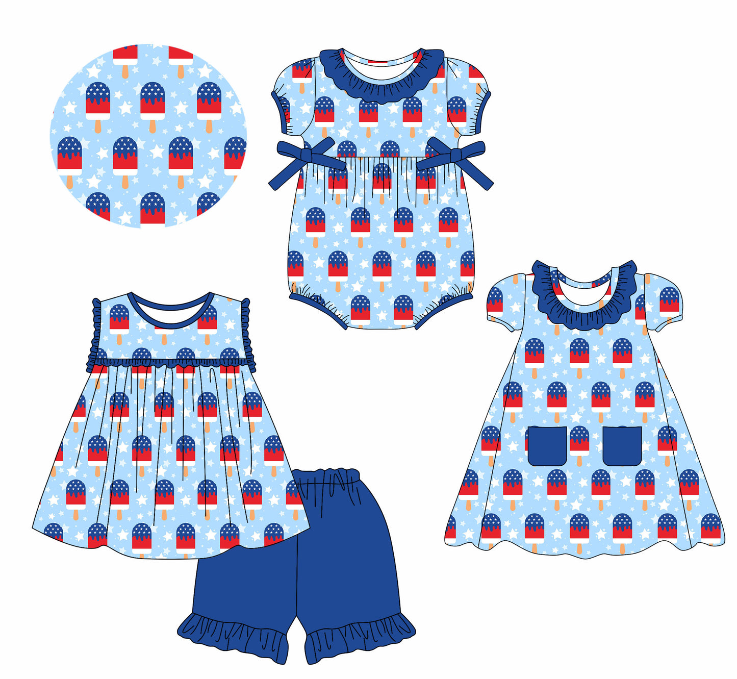 2.11 custom each style moq 5eta 4-6week Sibling Sisters ice cream baby girl short sleeve shorts sets and dress and rompers match family design