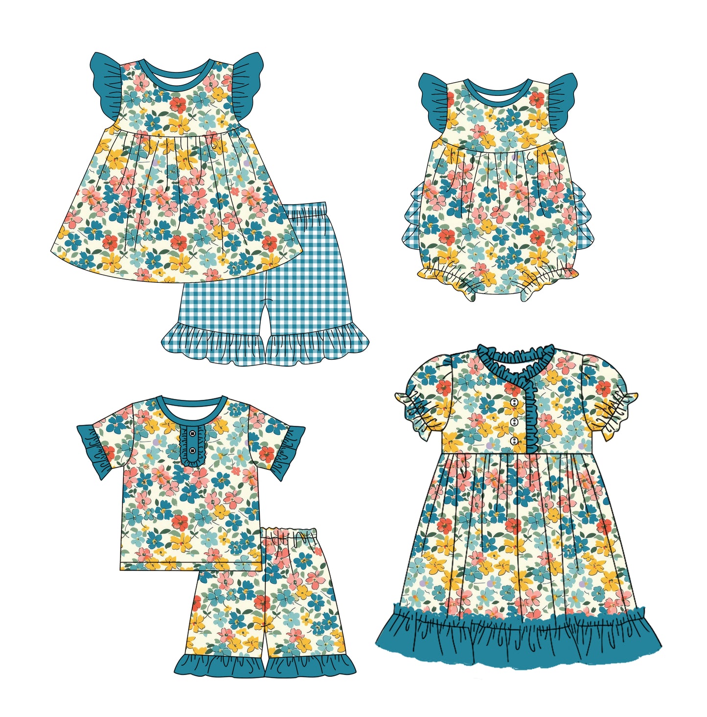12.10 custom each style moq 5eta 4-6week Sibling Sister floral baby girl short sleeve shorts sets and sets 2 and girls romper and boy romper and dress match design