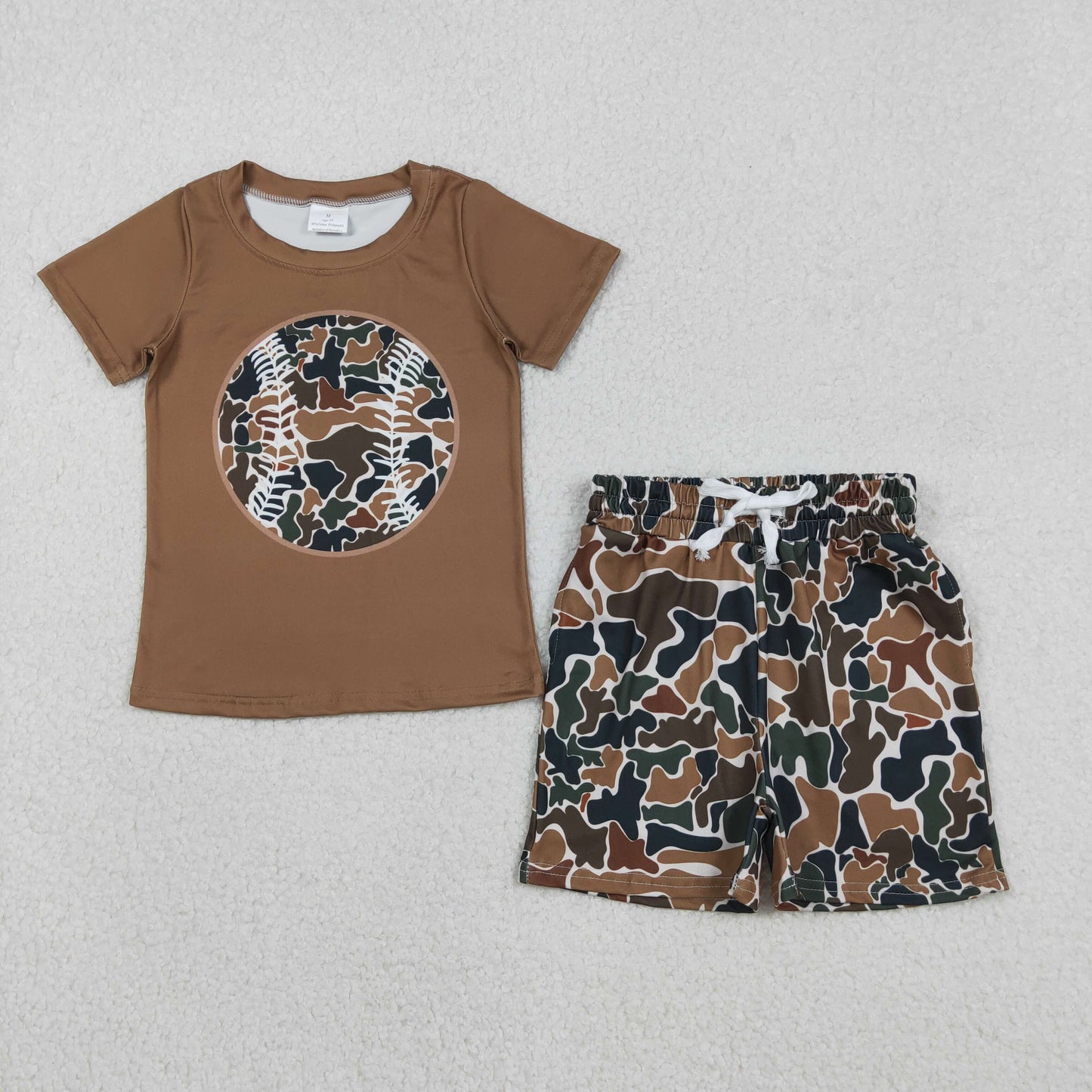 RTS NO MOQ(In Stock) Brown-green camouflage beige baseball short-sleeved shirt shorts set-BSSO1597