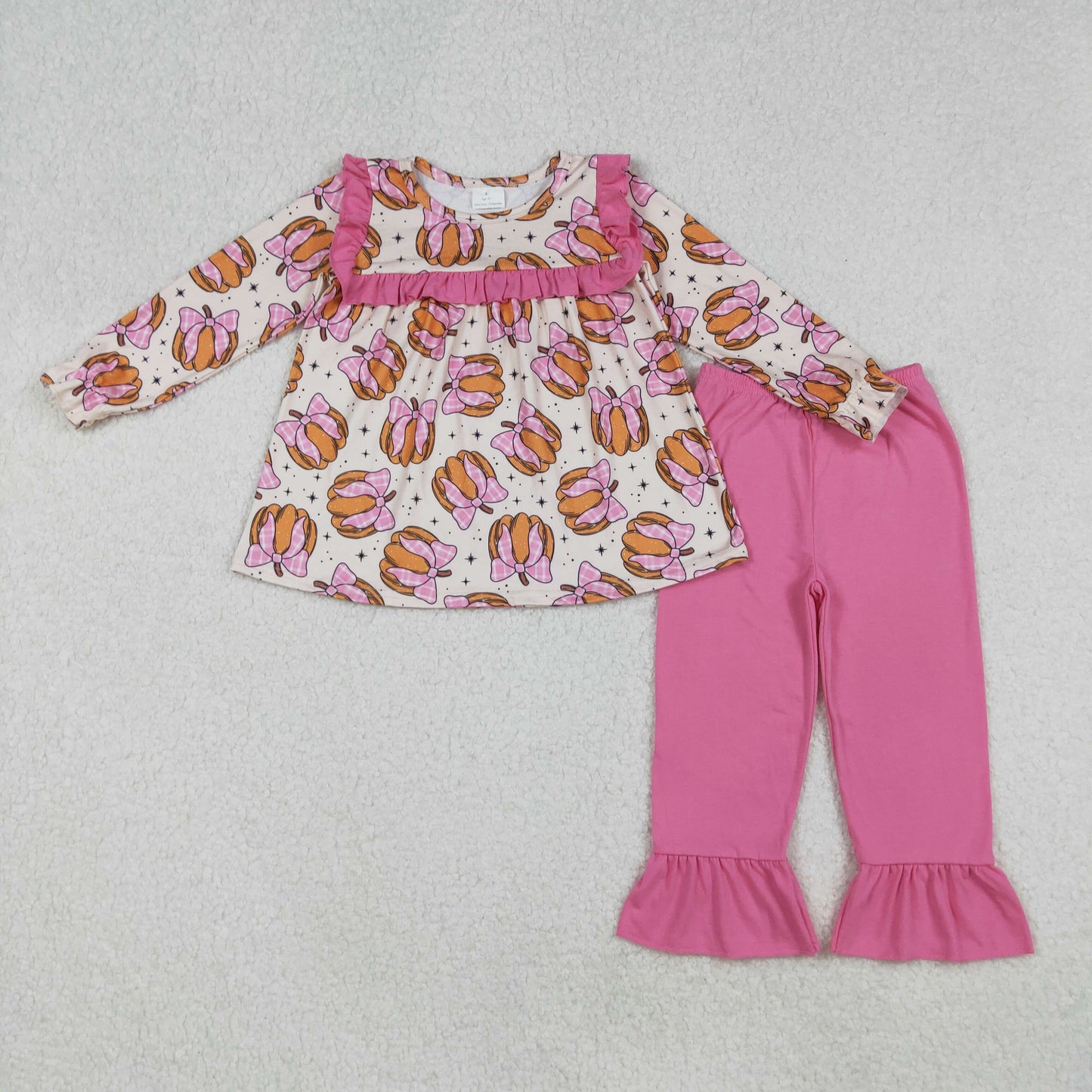 RTS NO MOQ(In Stock) GLP2348 Beige long-sleeved pantsuit with pumpkin pink lace and plaid bow pattern
