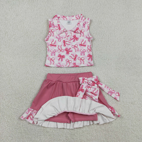RTS NO MOQ Sibling Baby Girls Plaid Button Vest Ruffle Skirt And Shorts Set Bow Detail Active Yoga Clothes Outfit for Kids