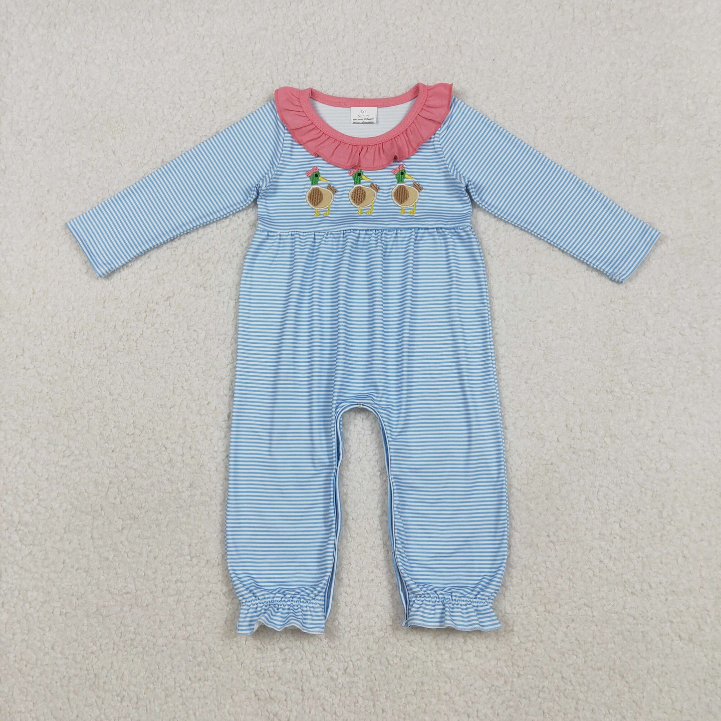 RTS NO MOQ(In Stock) Embroidered Duck Blue Striped Rose Red Lace Long-Sleeved Jumpsuit