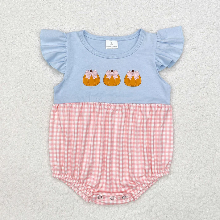 RTS NO MOQ Blue and pink plaid flying sleeve dress & romper with embroidered pumpkin pattern