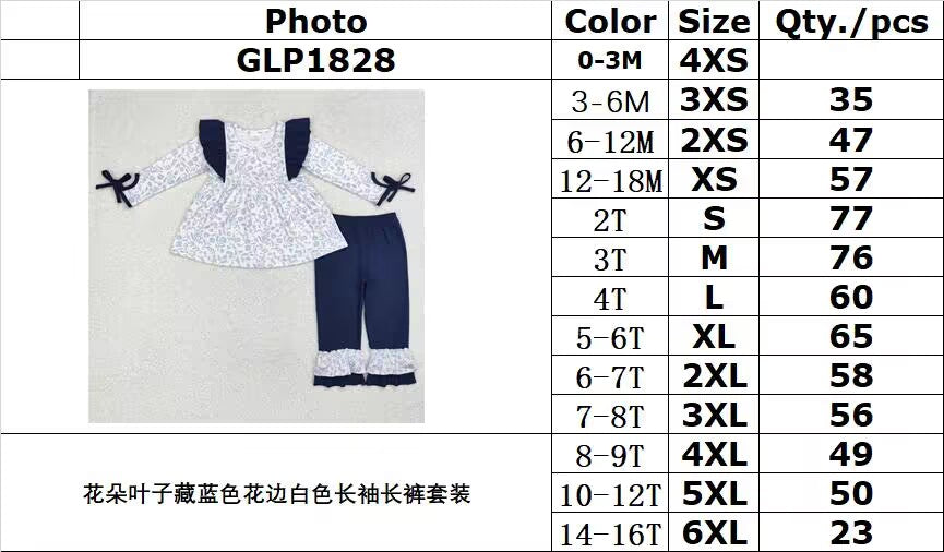 RTS NO MOQ ETA 5/7days Arrived GLP1828 Flower leaves navy blue lace white long sleeve trousers set