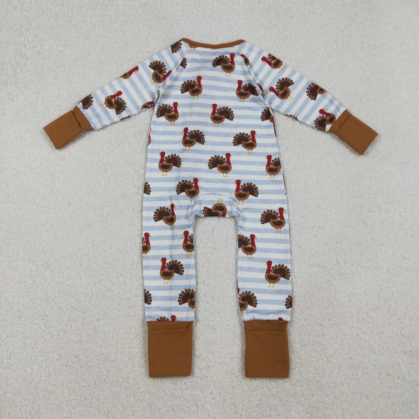 RTS NO MOQ(In Stock) LR1191 Turkey Striped Brown Trim Zippered Long Sleeve Bodysuit