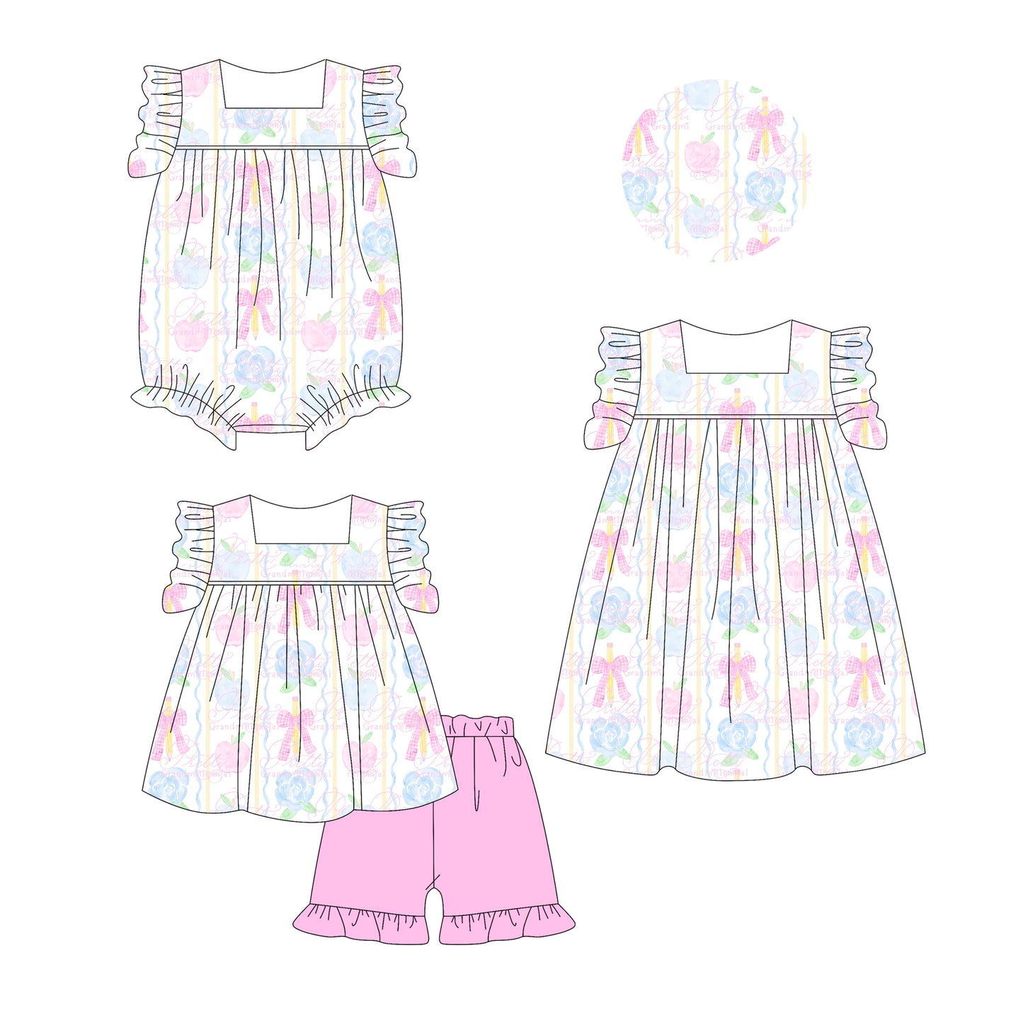 2.28 custom each style moq 5eta 4-6week Sibling Sister apple bow baby girl short sleeve shorts sets and dress and rompers match family design