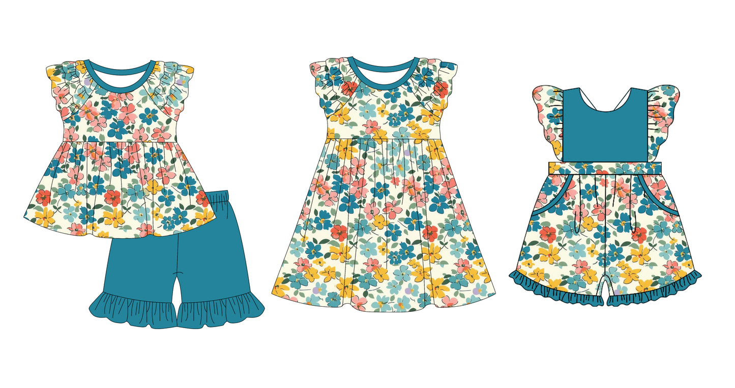 12.10 custom each style moq 5eta 4-6week Sibling Sister floral baby girl short sleeve shorts sets and dress and jumpsuits match family design