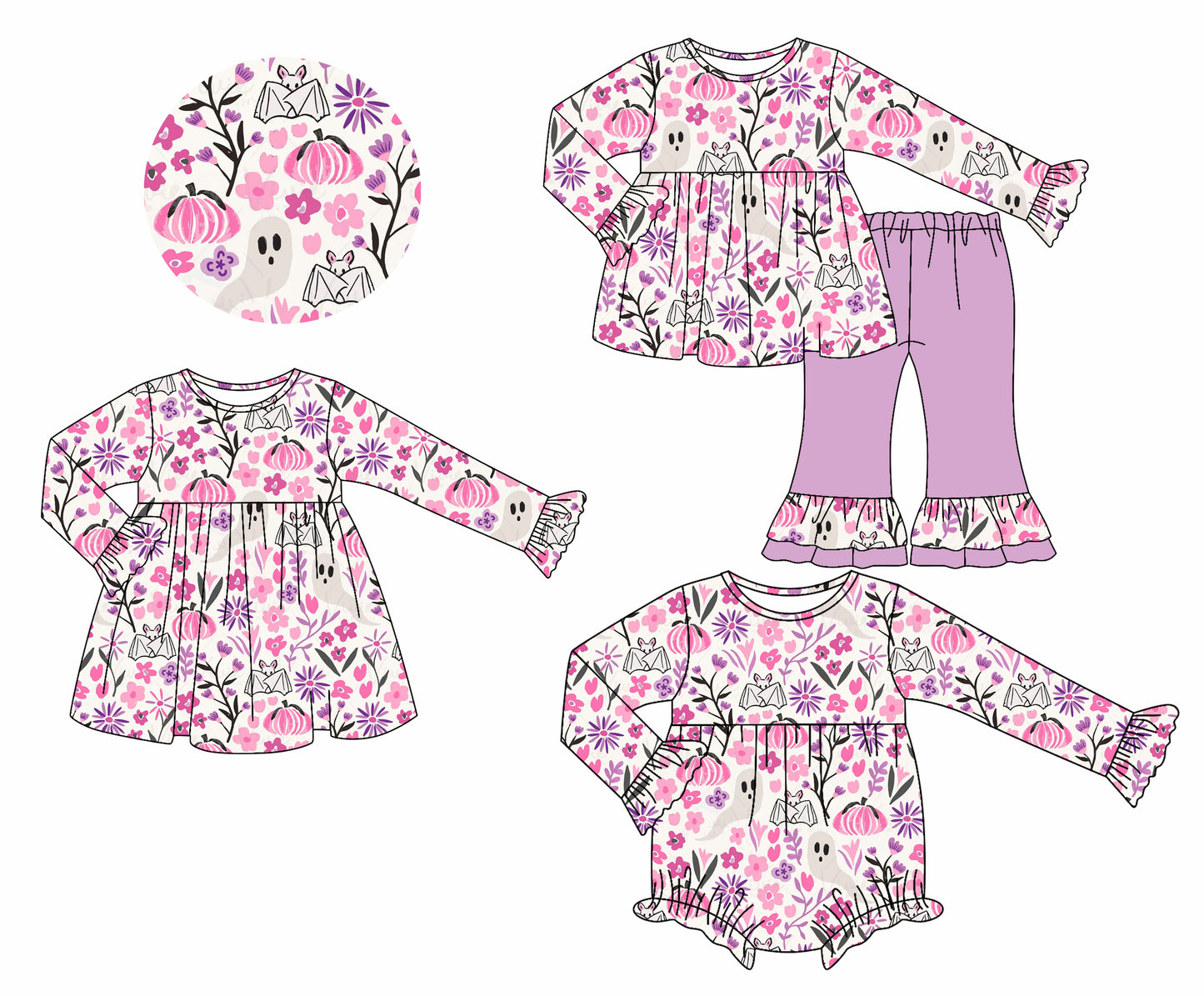 25.7.8 custom each style moq 5eta 4-6week Sibling Sisters ghost pumpkin floral baby girl long sleeve pants sets and dress and rompers match family design