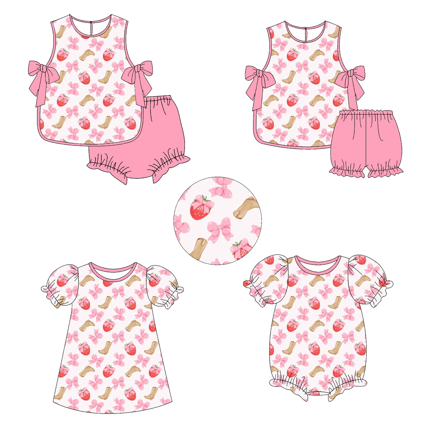 11.11 custom each style moq 5eta 4-6week Sibling Sister strawberry bow boots baby girl short sleeve shorts sets and briefs sets 2 and girls romper and dress match design