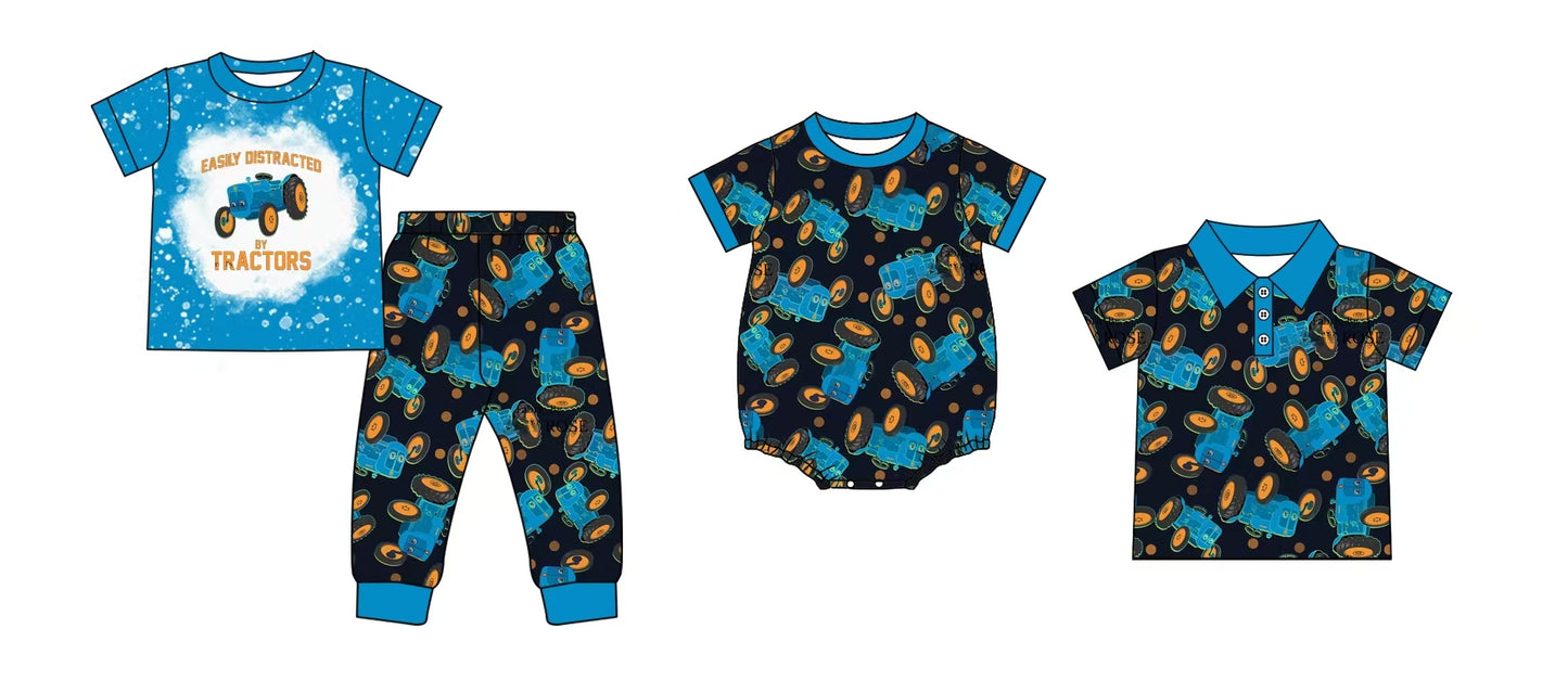 12.5 custom each style moq 5eta 4-6week Sibling Sister TRACTORS blue baby boys sets and top and rompers match family design