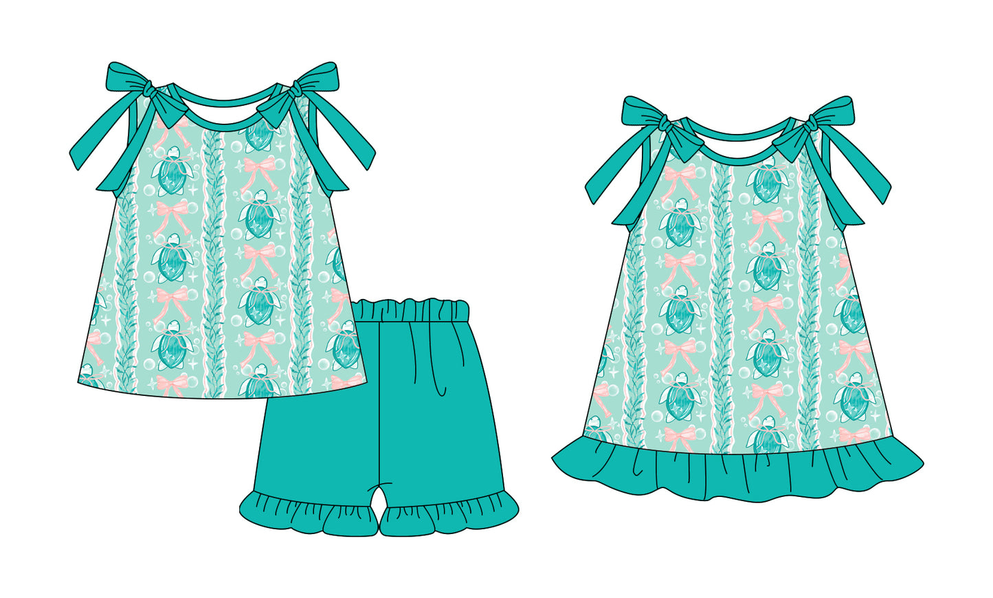 25.12.13 custom each style moq 5 eta 6-8week Sibling Sister turtle bow baby short sleeve shorts sets and dress match design