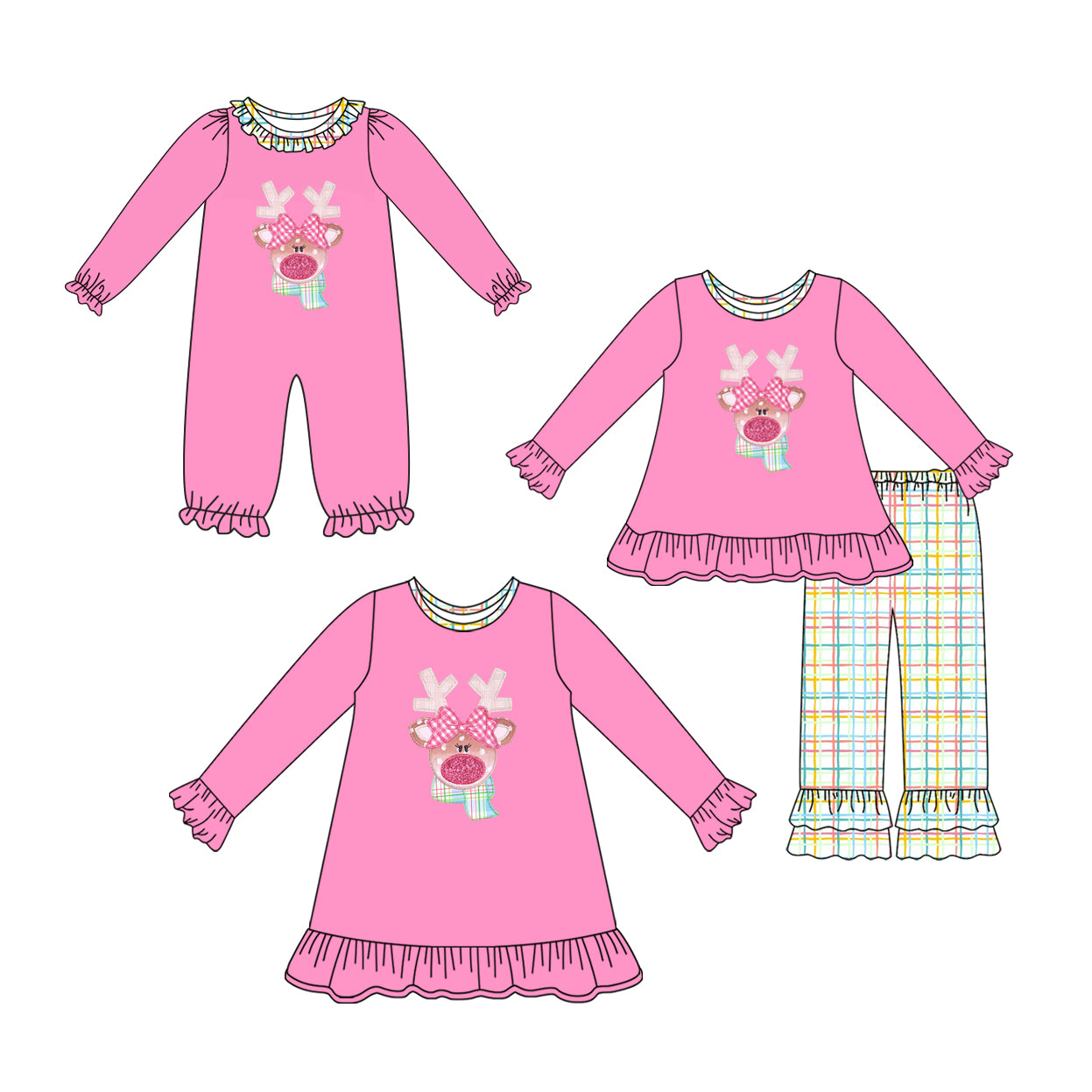 25.7.9 custom each style moq 5eta 4-6week Sibling Sisters deer pink baby girl long sleeve pants sets and dress and rompers match family design