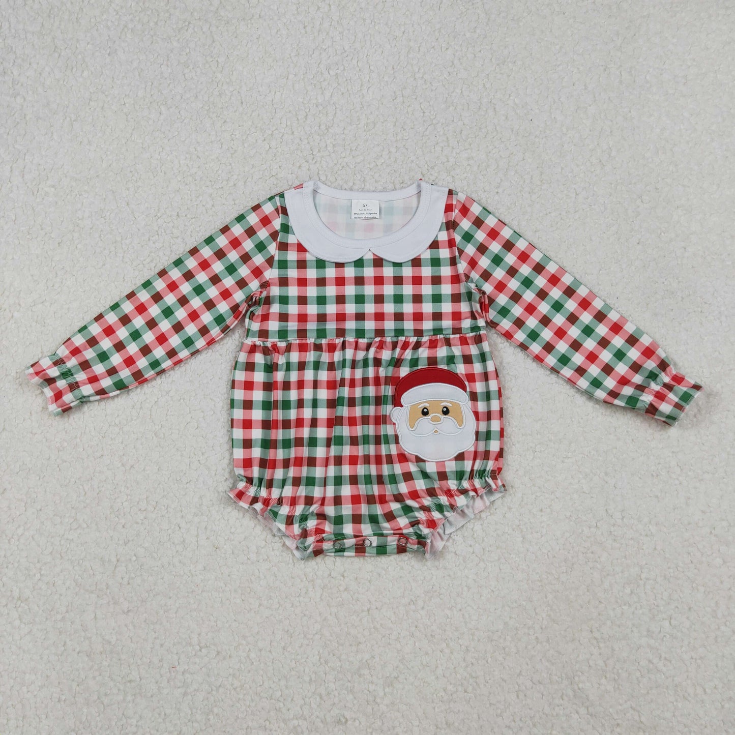 RTS NO MOQ(In Stock) LR2357 Embroidered Santa Claus red and green plaid long-sleeved bodysuit with a doll collar