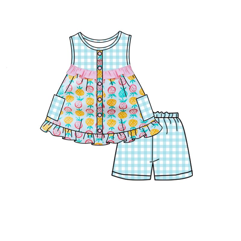 GSSO0502 Pineapple blue and white plaid pocket sleeveless shorts set