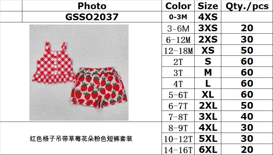 RTS NO MOQ ETA 5/7days Arrived GSSO2037 Red plaid suspenders strawberry flower pink shorts suit