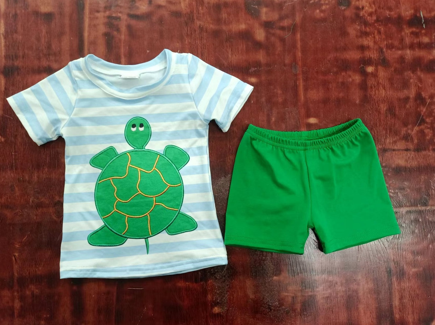 Summer boys turtle striped green shorts suit
