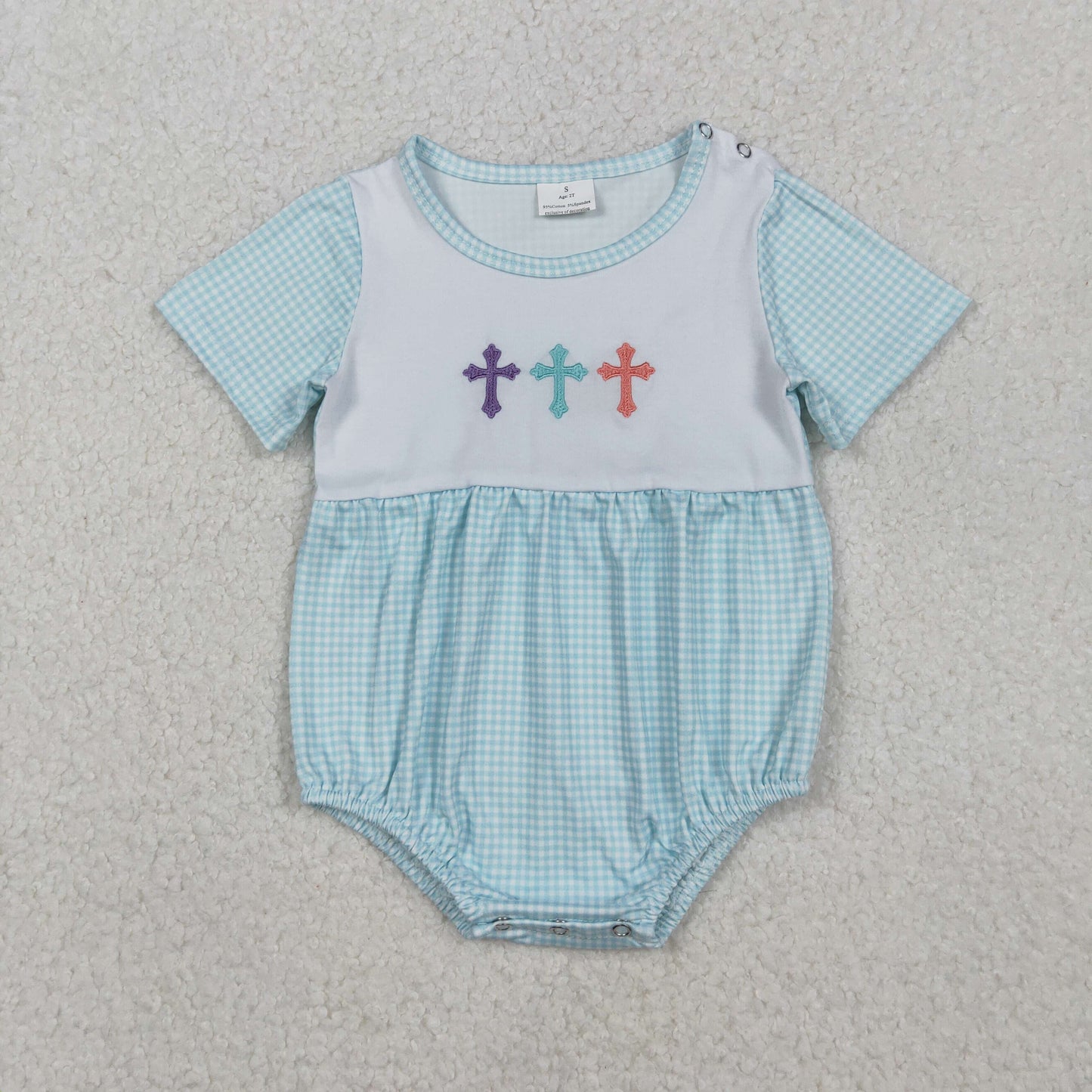 RTS NO MOQ(In Stock) SR3215 Embroidered Easter Cross Blue-Green Short-Sleeve Bodysuit