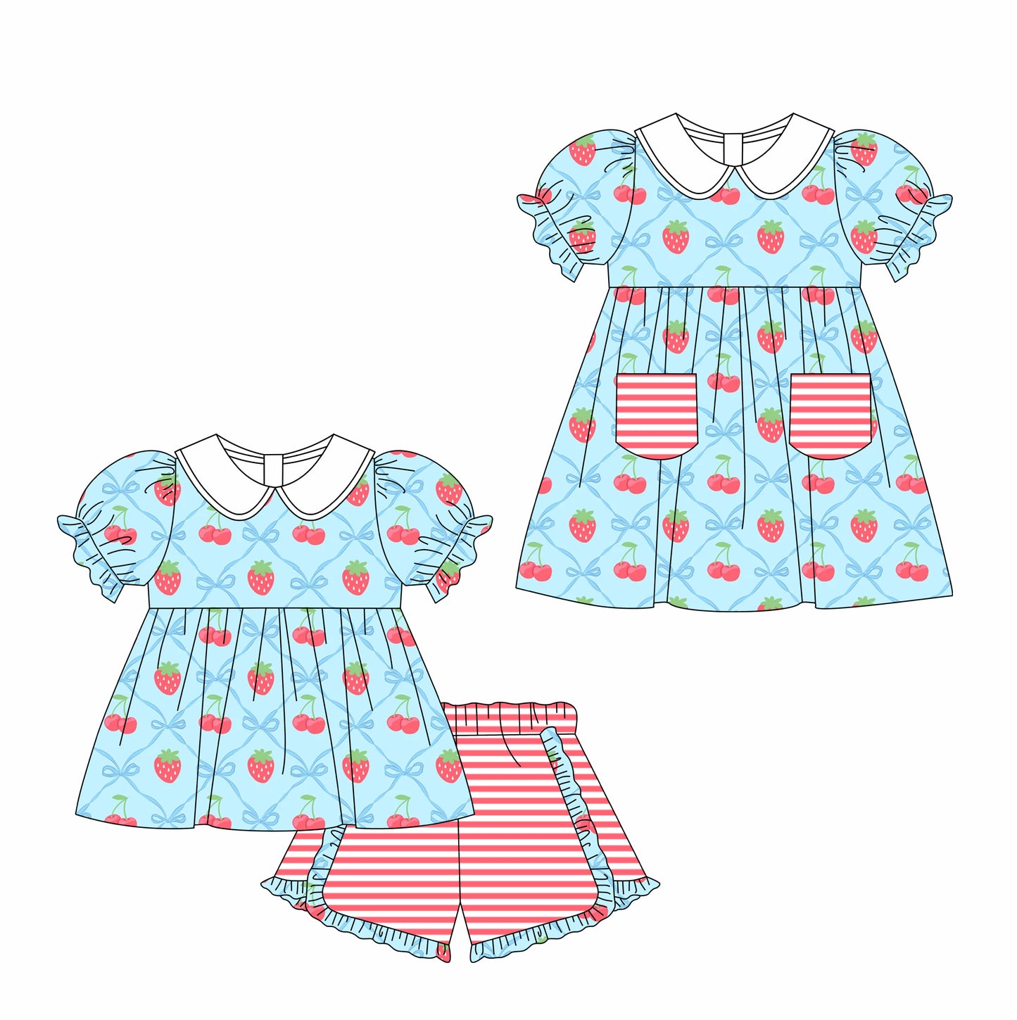 11.6 custom each style moq 5eta 4-6week Sibling Sister strawberry blue baby girl short sleeve shorts sets and briefs sets and dresses match design