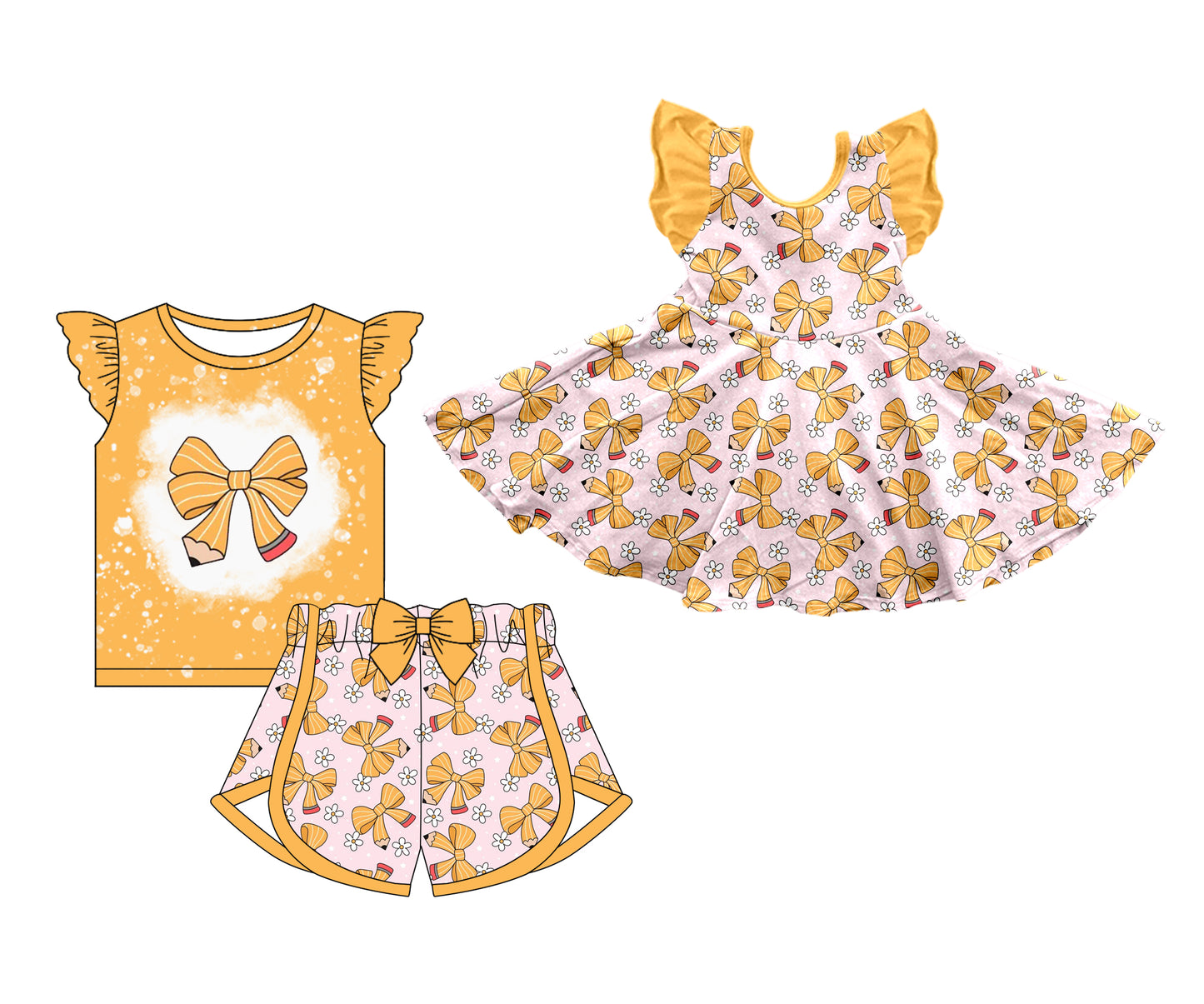 11.30 custom each style moq 5eta 4-6week Sibling Sister school pencil bow baby girl short sleeve shorts sets and dresses match design