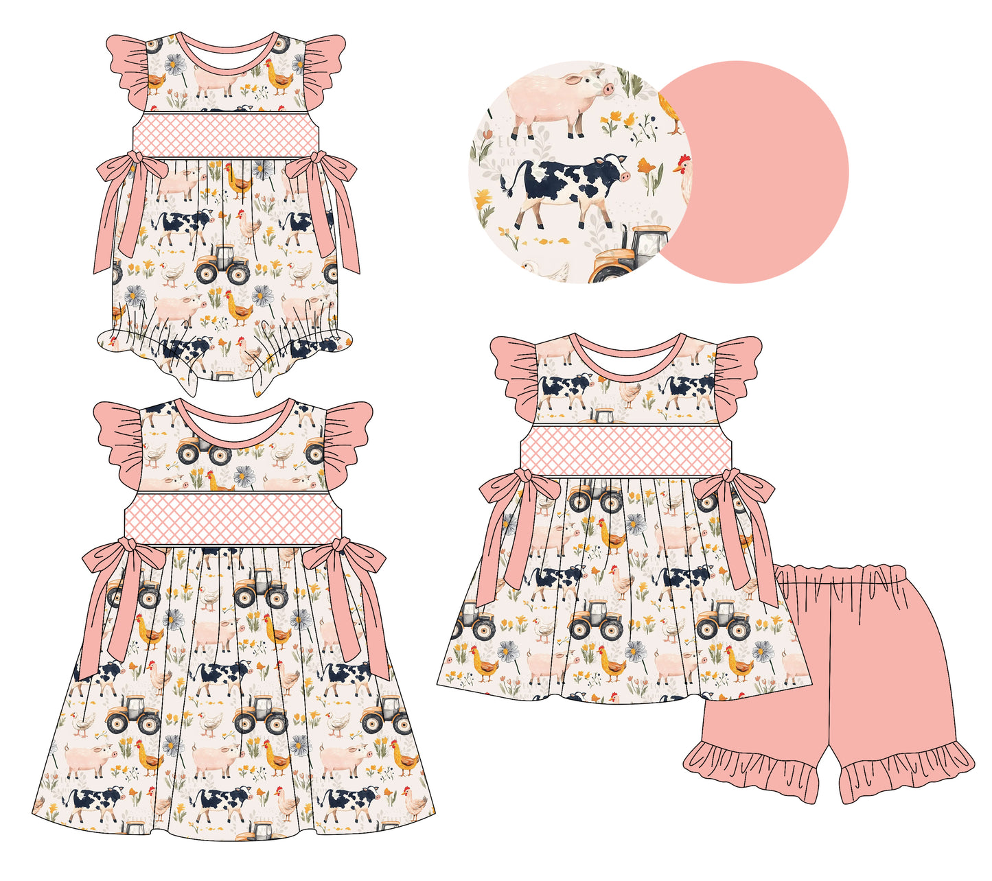 3.10 custom each style moq 5eta 4-6week Sibling Sisters farm animal baby girl short sleeve shorts sets and dress and rompers match family design