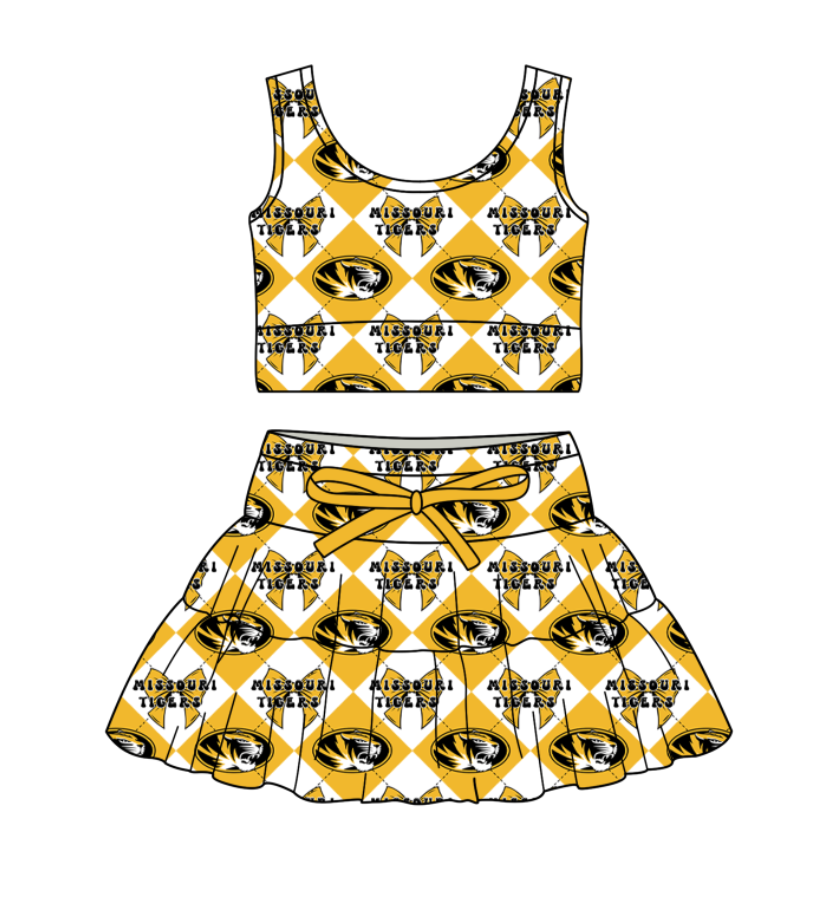 Custom moq 5 mix size yellow Plaid Baby Girl Sleeveless Top And Skirt Team Outfit Children's Clothing