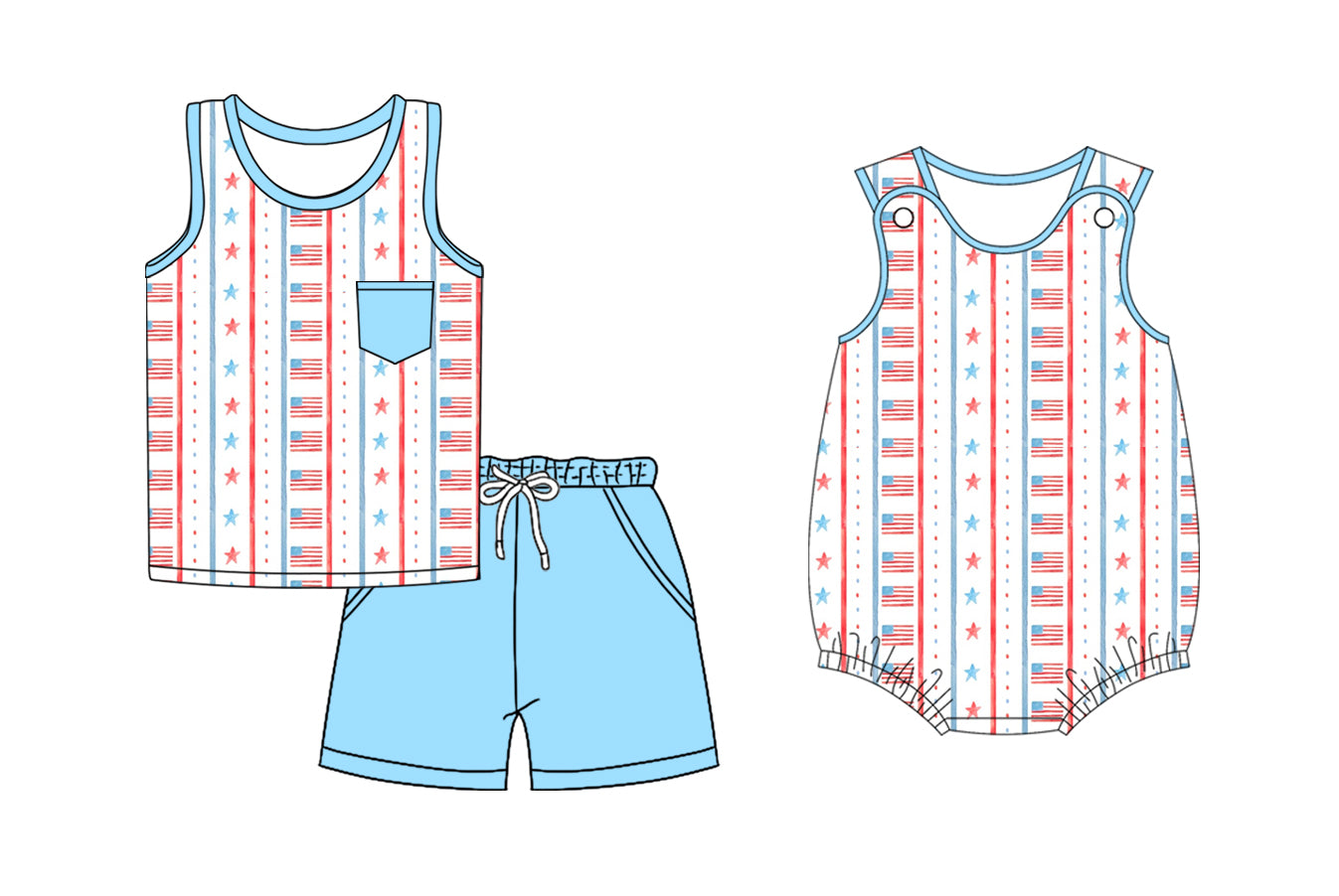 3.15 custom each style moq 5eta 4-6week Sibling Sister flag baby boy short sleeve shorts sets and romper match design
