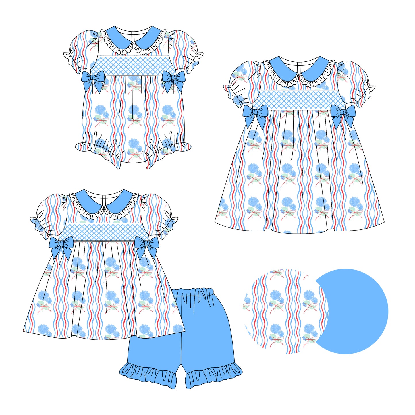 3.14 custom each style moq 5eta 4-6week Sibling Sisters bow floral baby girl short sleeve shorts sets and dress and rompers match family design