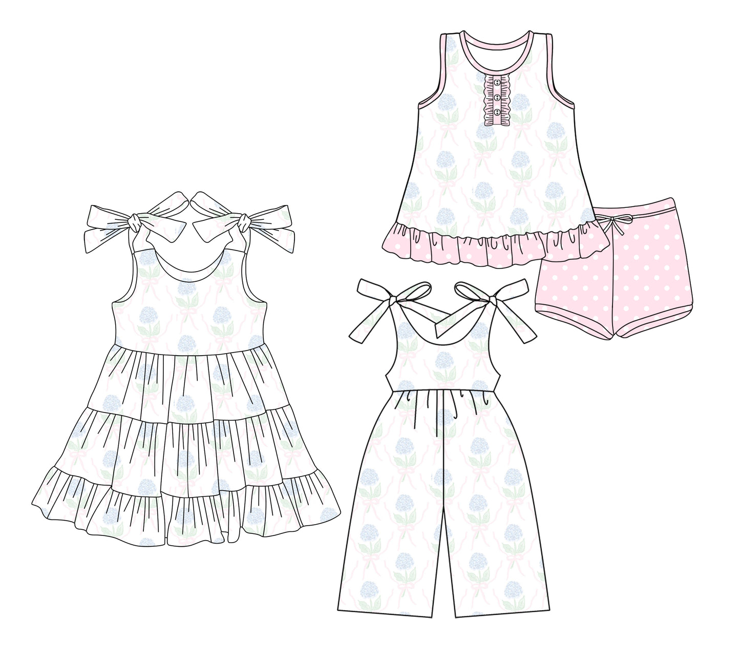 3.20 custom each style moq 5eta 4-6week Sibling Sister bow floral baby girl short sleeve shorts sets and dresses and jumpsuit match design